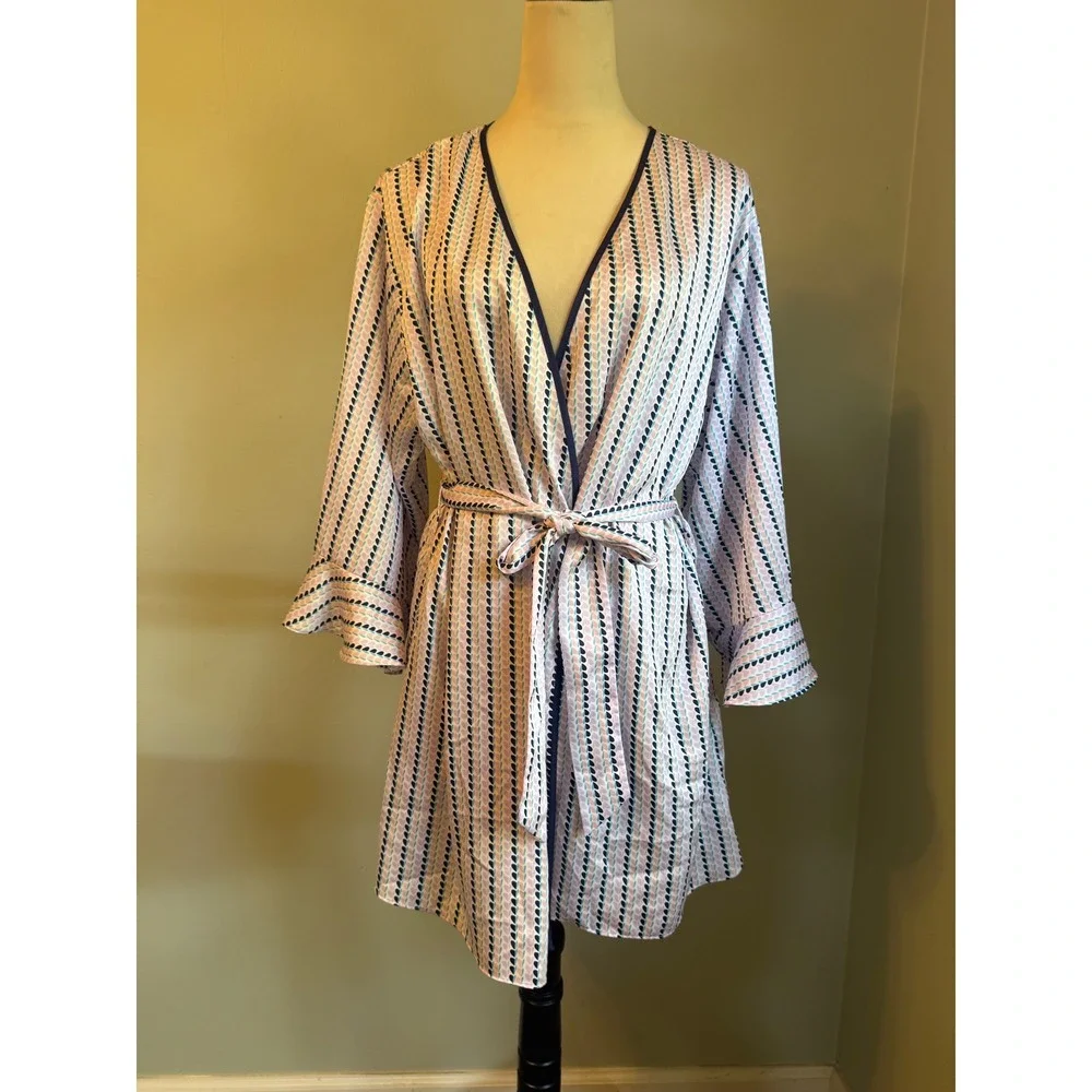 Kate Spade Heart Stripe Robe Pink Blue Satin Short Wrap Belted M y2k preppy boho